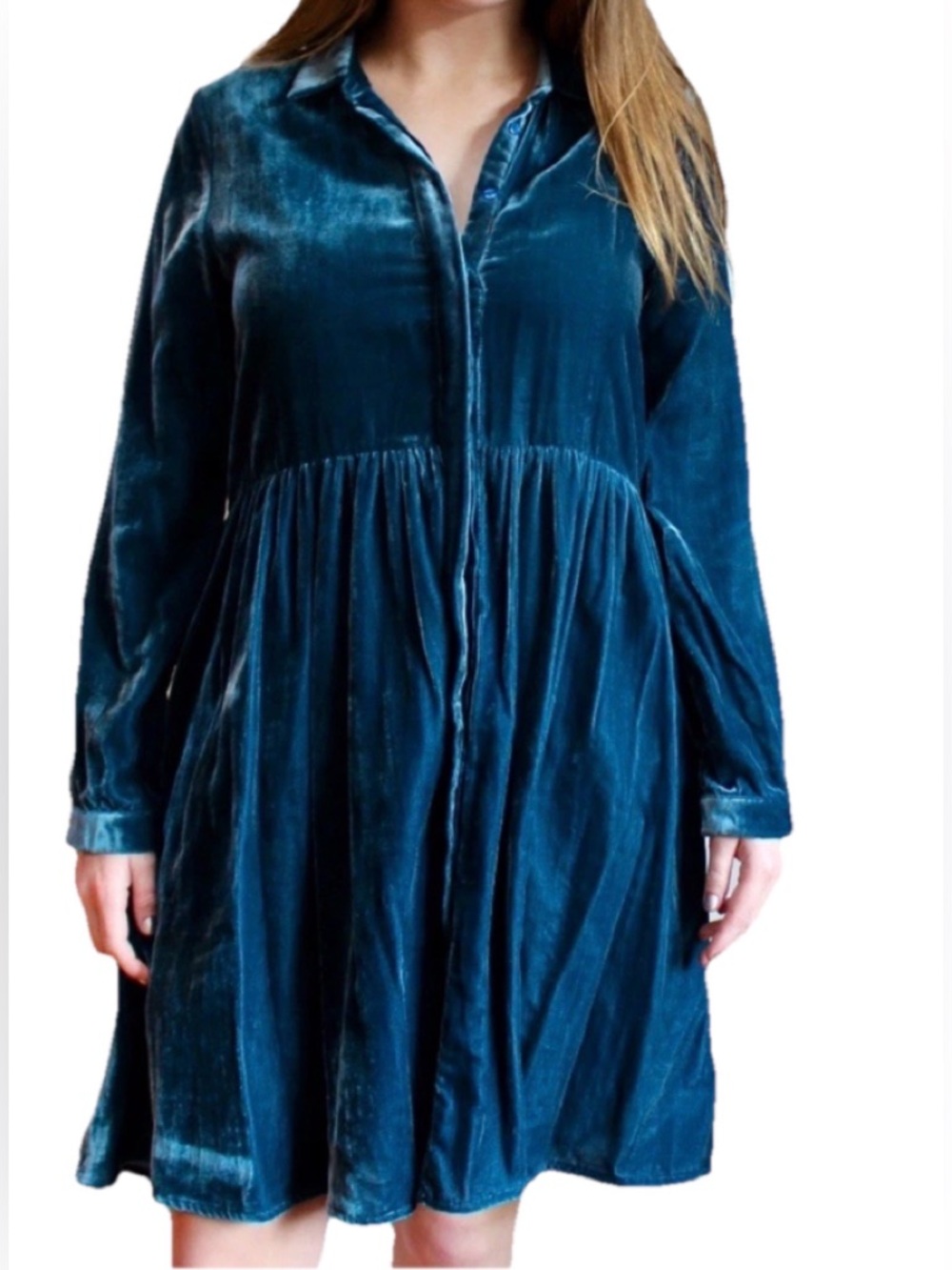 Moulinette Soeurs Teal Velvet Long-Sleeve Shirt Dress